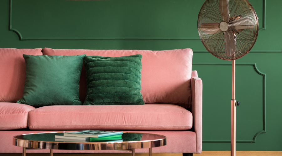 pink sofa with green cushions against green wall